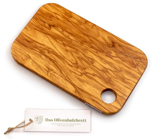 DAS OLIVENHOLZBRETT® Schneidebrett/Servierbrett aus Olivenholz mit abgerundeten Ecken und Loch 35cm x25cm x2,5cm