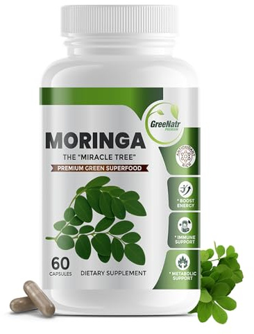 Pure Moringa Oleifera Green Superfood Capsules with Vitamin C, Omega 3 & Amino Acids - Boosts Energy, Mood, Memory, Immune Support - Made from Organic Moringa, Non-GMO - 60 Capsules (1 Bottle)