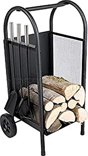 OreWork Portalegna con Ruote e Accessori per caminetto, Nero, 81 x 35 x 30 cm