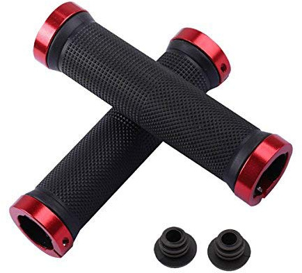 Kework Red Bike Grips, Bicycle Mountain Bike Double Locking Handlebar Grips, Include 2 Handlebar Caps, Aluminum Alloy Lock Ring