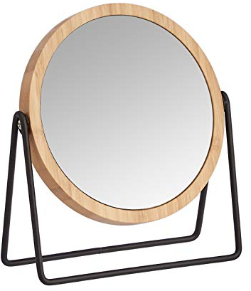 Amazon Basics Rund, Tischplatte Montage, Kosmetikspiegel mit Bambus-Umrahmung, Vergrößerung 1-fach/5-fach, 18.3 x 7.3 x 20.7 cm, Schwarz