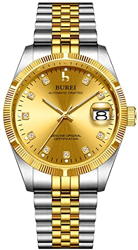 BUREI Luxus Herrenuhr mechanische Automatik Armbanduhr 24 Dial Analog Display Automatikuhr Lederband Edelstahlarmband Wasserdicht Stylish Armbanduhren (Golden)