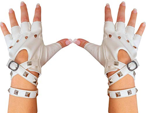 Skeleteen Guanti senza dita in finta pelle – Guanti da motociclista punk bianchi con chiusura a cintura e design rivetto per donne e bambini, bianco, Bianco, taglia unica
