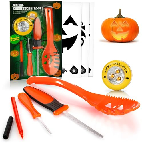 com-four® 14-teiliges Kürbis Schnitz-Set für Halloween - Schneide-Werkzeuge zum Aushöhlen von Kürbissen - Messer, Löffel, Stift, Schablonen und LED Kürbislicht (orange mit LED)