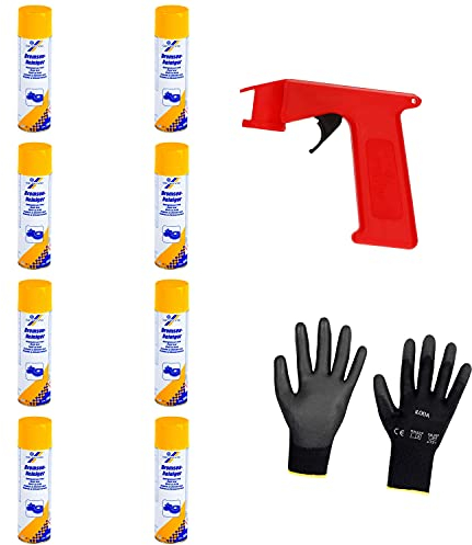 Iloda® Schutzhandschuhe + Sprüh-Pistolengriff (rot oder schwarz) + 8X 500ml cartechnic Bremsenreiniger Spray, Entfetter, Ölentferner, Fettentferner