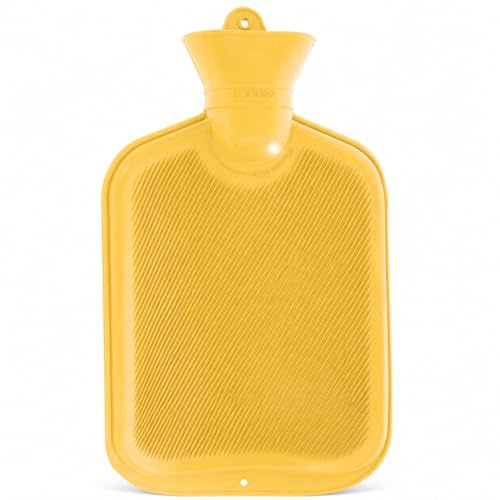Borsa dell'acqua calda con lamelle senza rivestimento, 2 litri, giallo | Cuscino termico, robusto e durevole, collo stretto, gomma naturale inodore, riciclabile