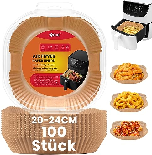 Papier Sulfurisé carré pour Friteuse à Air, BISINIE 100 Pièces Papier Cuisson Jetable, Antiadhésive Imperméable Paper Liner pour Chaud poêle Four Micro Ondes (20cm)