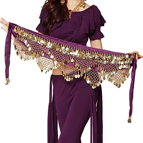 Leemiman Women Triangle Belly Dance Hip Belt with Gold Coins Dance Costume Wrap Skirts (Purple)