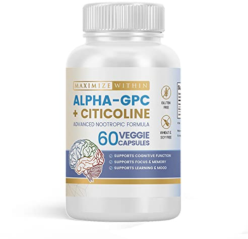 Maximize Within Alpha GPC + Citicoline 60 Ct, 1600mg Concentrated Formula- 99%+Highly Purified & Bioavailable Nootropic-Cognitive Enhancer, Supports Memory, Brain Function, Boosts Focus, Mood & Energy