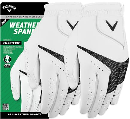 Callaway Golf Weather Spann Premium Synthetik-Golfhandschuh, Weiß, 2er-Pack, Cadet (kürzere Finger), Größe M/L, für die linke Hand getragen)