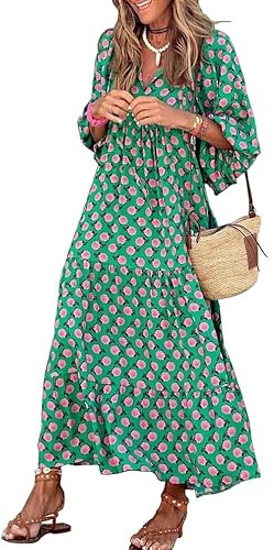 miduo Womens Loose Fit Fashion Summer V Neck Half Sleeve Bohemian Floral Pattern Maxi Long Dresses Boho Flowy Dresses Green M