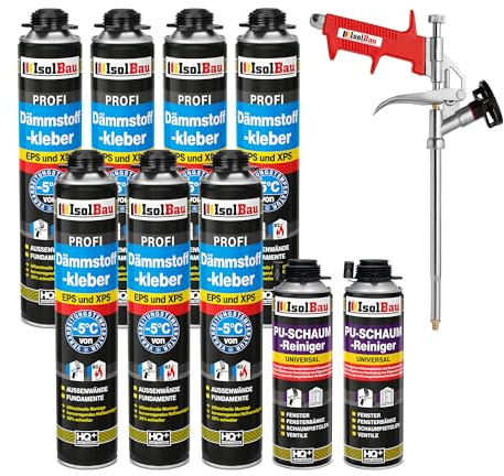 Isolbau B2 Dämmstoffkleber SET - 7 x 750 ml Perimeterkleber, 2 x PU-Schaum-Reiniger & 1x Schaumpistole für EPS & XPS-Platten - 1K PU-Klebeschaum für Fixieren und Dämmung