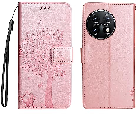 JZ 3D Katze und Baum Fall für One Plus 11/1+11 Protective Kickstand Handyhülle Cover mit Kartensteckplätzen [Magnetic Armst Strap] -Gold Rose