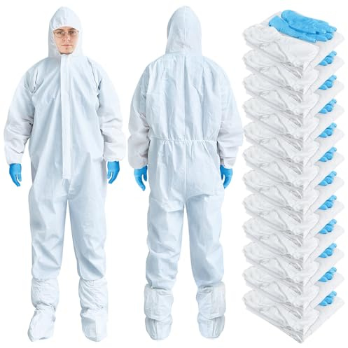 TrelaCo Hazmat Suit Disposable Protective Coveralls Full Body Paint Suit with Hood Shoe Cover and Glove Breathable Coverall