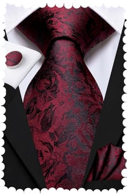 Hi-Tie Silk Paisley Ties for Men Necktie Pocket Square Cufflinks Set Foral Tie Sets Formal Business,Red Black Floral