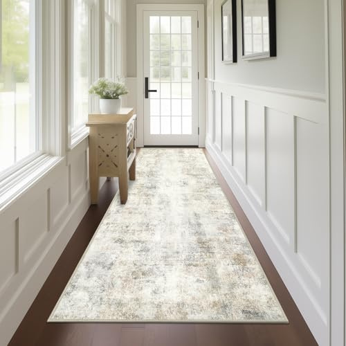 Capslpad 2x8 Modern Abstract Washable Runner Rug, Light Beige Non-Slip Runners for Hallways, Low Pile Kitchen Runner Rug, Ultra Soft Print Distressed Faux Wool Rug for Entryway, Bedroom, Laundry