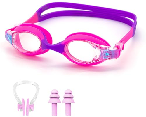 CHEERYMAGIC Kids Swimming Goggles, Swim Goggles for Kids 3-14, Silicone Swimminfg Goggles Anti-Fog Resist Leak Proof Swimming Goggles with Adjustable Straps for Boys Girls A9ETFWYJ (Pink&Purple)