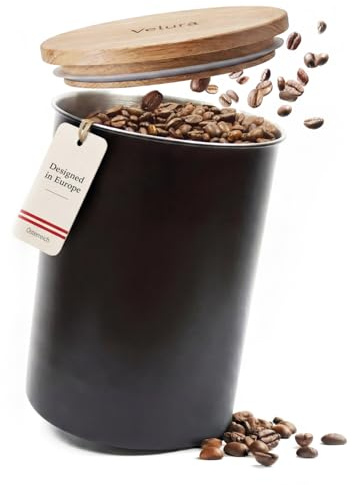 Velura Lata de café hermética para 1 kg de granos de café de acero inoxidable – Recipiente para almacenamiento de café con tapa de madera en negro mate (3000 ml)