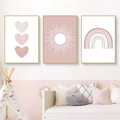 Ueiwffzo 3er Poster Set Bilder Kinderzimmer Mädchen Rosa Regenbogen Bilder, Babyzimmer Deko Leinwand Bilder Wandbilder, Wandposter Babyzimmer Deko, Ohne Rahmen (40x50cm)