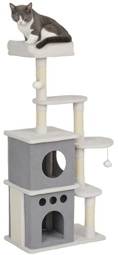 PawHut Árbol Rascador para Gatos Torre para Gatos con Nidos 126 cm Crema | Rascador para Gatos, Plataformas, Bolas Colgantes, Postes de Sisal