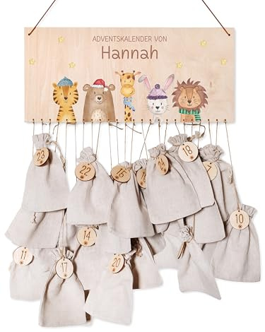 wunderwunsch® - Personalisierter Adventskalender zum selber befüllen - mit kinderfreundlichem Druck auf Holz - mit Juteschnur Jutesäckchen und Holzzahlen (Weihnachts-Tiere unten Sterne)