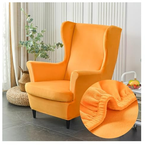 WJHDWYD 2-teiliger Ohrensesselbezug aus Stretch-Samt, Sesselbezug mit T-Kissenbezug, einfarbig, modisch, rutschfest, Sesselbezug for Strandmon, Schlafzimmer(Orange)