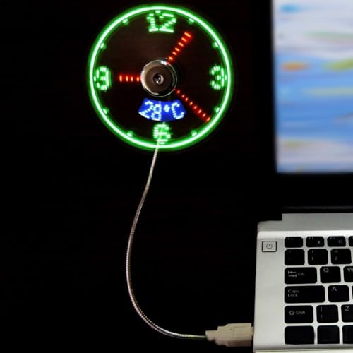 Besshepplo Ventilador flexible alimentado por USB con reloj integrado y visualización de temperatura ambiente, funcionamiento silencioso para PC/portátil/escritorio