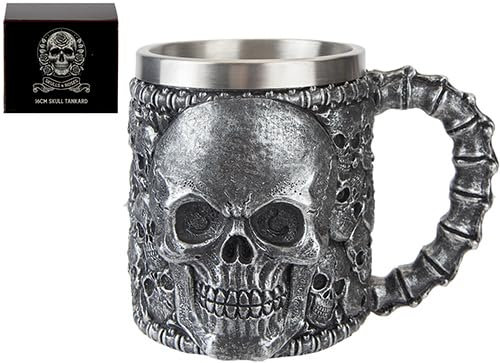 PMS Gunmetal Skull Tankard – Gothic Stainless Steel Mug with Intricate Skull Design – Perfect for Halloween, Pirate & Gothic Gifts