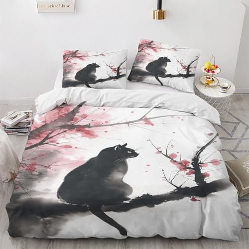NUEYSP Bettwäsche 155x220 Schwarze Katze Bettwäsche-Sets 3D-Motiv, Mikrofaser, 1 Bettbezug 155x220 + 1 Kissen 80x80 mit Verdecktem ReißVerschluss für Mädchen Jungen.