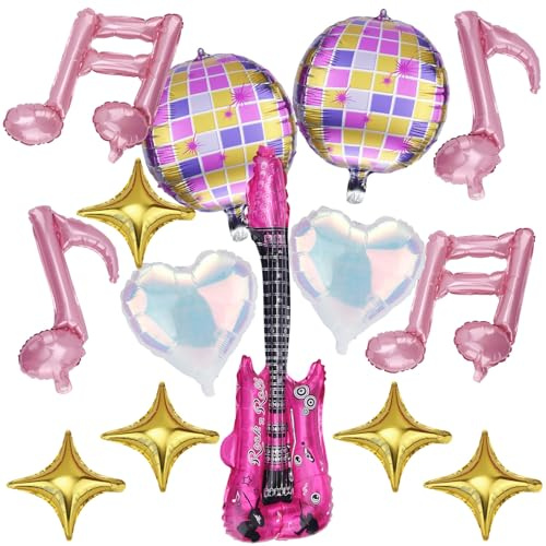 14stk Gitarrennoten-Luftballons, Musikparty-Dekorationen Gitarren-Musiknoten Discokugel Vierzackiger Stern Herzförmige Luftballons für Konzerte Geburtstagsfeiern und Themenveranstaltungen