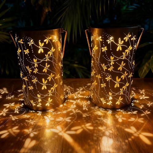 Solar Lantern Outdoor Garden Ornaments, 2 Pack Hanging Gardening Lanterns for Outside Table Patio Balcony Lawn Yard Decor (Dragonfly)