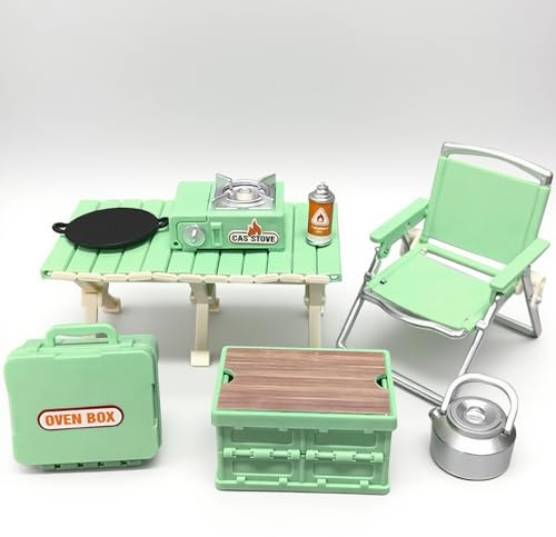 8 Pièces Set d’Équipement de Camping Miniature, Mobilier de Camping Pliable avec Table, Chaise, Réchaud, Poêle, Boîte de Rangement, Accessoires de Maison de Poupée & Décoration Wichtel (B)