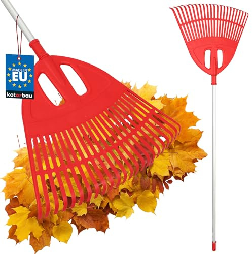 KOTARBAU® Trädgårdskratta - Plast - 50 cm - Aluminiumsskaft 130 cm - Extra-Click Funktion - Lövräfsa - Robust Räfsa - Plastkratta Trädgårdsräfsa - För Höstlöv Häckklippning - Röd & Silverfärgad