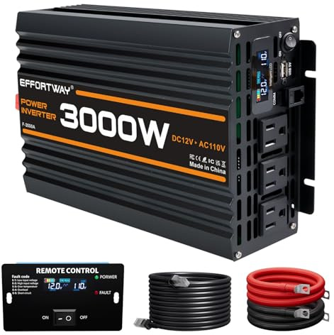 EFFORTWAY 3000W Power Inverter, 12V DC to 110V/120V Modified Sine Wave Inverter with 3 AC Outlets, USB Port, Wired Remote Controller, Car Power Inverter for RV, Truck, Boat, Camping, Off-Grid