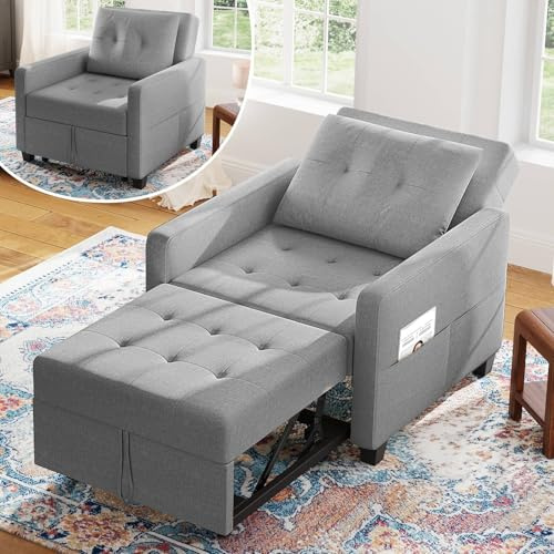 Vesgantti Schlafsessel mit Bettfunktion 3-in-1 Ausziehbares Schlafsofa Umwandelbarer Stuhl Bett Verstellbarer Einzelsessel mit Seitentasche, für kleinen Raum, Hellgrau