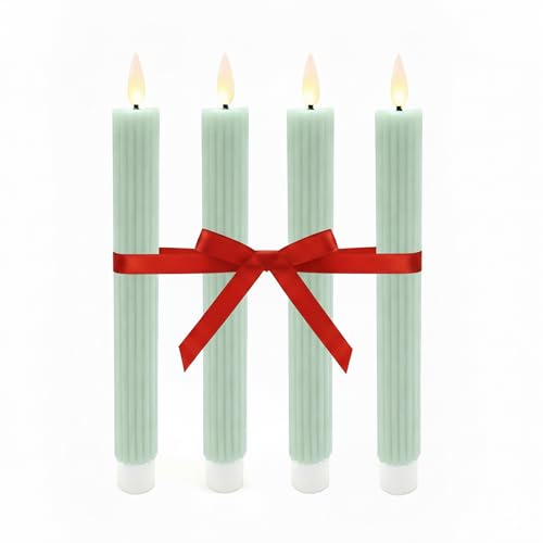 Relaxdays LED Stabkerzen, 4er Set, HxD: 25 x 2 cm, flackernde Flamme, Echtwachs, Rillen, flammenlose Kerzen, Salbei