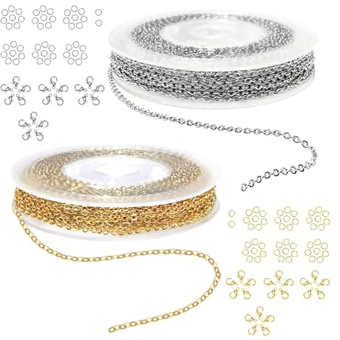 Rainway Schmuckherstellungskette, 2 Rollen à 6 m, Eisenketten mit 20 Karabinerverschlüssen und 60 Sprungringen, Gliederkette, DIY-Zubehör zur Schmuckherstellung (Gold und Silber)