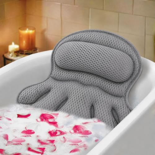 Bath Pillow for Tub, 4D Breathable Mesh with 12 Suction Cups Hook Gray