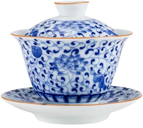 VOSAREA Juego de Taza de Té Clásica Tipo Sopera de Cerámica Azul con Tapa y Platillo para Ceremonia de Té, Efecto Decorativo y Fácil de Limpiar