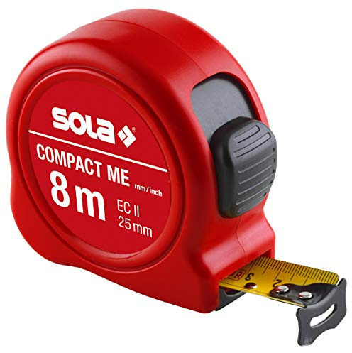 SOLA Bandmaß - COMPACT ME - 8m / 25m - Taschenbandmaß mit Gürtelclip - Stahlband, gelb lackiert mit mm/inch Skala - Genauigkeitsklasse II - Rollmeter mit beweglichem Endhaken - Länge 8m/25m