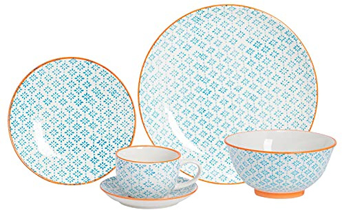 Nicola Spring Hand Printed 24 Piece Dinner Set - Blue - Stoneware Japanese Style Dinner Plates, Bowls, Side Plates, Tea Coffee Mugs and Saucers for Kitchens, Cafes & Restaurants