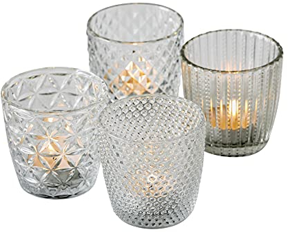 Seaside No.64 - Windlicht-Set 4 teilig aus Glas 7,5 x 7,5cm - Teelichthalter für Romantisches Ambiente - Kerzenständer mit verschiedenen Designs - Retro Kristall Ornamente - (Transparent Glas, Set)