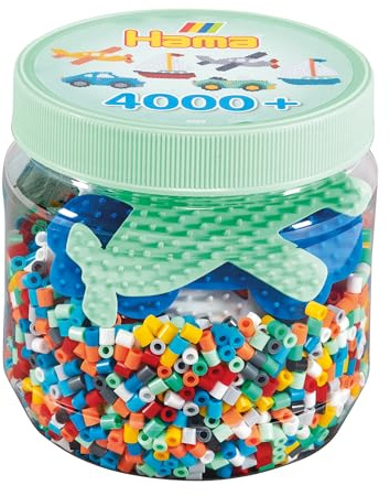 Hama Perlen 2053 Bügelperlen-Dose Fahrzeuge mit ca. 4.000 Midi Bastelperlen mit Durchmesser 5 mm im Farben Mix, 3 Stiftplatten, kreativer Bastelspaß für Kinder und Jugendliche