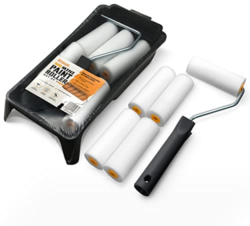 RAULDE 7 Pieces Mini Paint Roller Set - Includes a Paint Tray, Mini Rollers & Sleeves - Small Paint Roller Set for Painting Walls, Edges & Ceilings