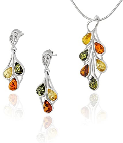 Amber 458 litet smyckesset för kvinnor, halsband, örhängen, bärnsten, baltisk bärnsten, 925 sterlingsilver, smyckesset, gåva