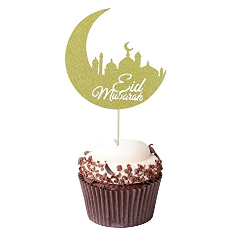 Stakee 20pcs Eid Mubarak Cupcake Topper Eid Kucheneinsätze Flaggen Gold Ramadan Cake Toppers Muslim Party Lieferungen Kuchendekoration