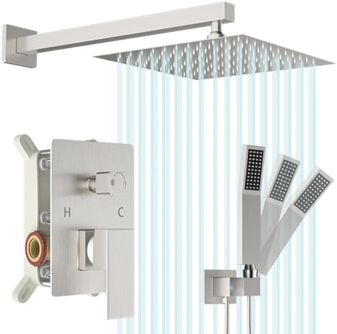 Votamuta Juego de grifo de ducha, sistema de ducha de níquel cepillado con cabezal de ducha de lluvia de 10 pulgadas y de mano, juego completo de grifos de ducha, juego combinado de válvula y kit de
