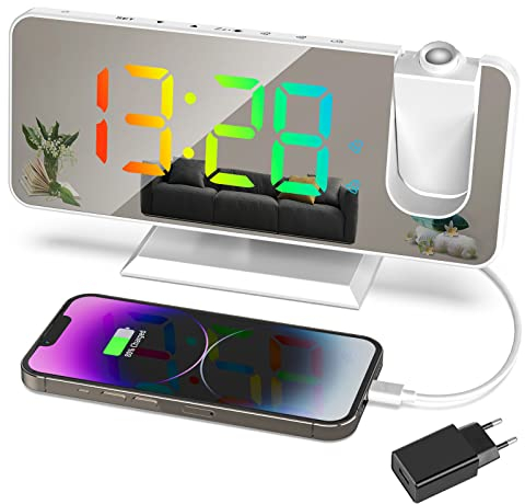 Exmate Sveglia con Proiettore, Schermo a LED a Specchio da 7.5, RGB dinamico, 5 Luminosità, Doppio Allarme con Porta USB, Sveglia Digitale con Proiettore ultra trasparente (Bianco con Adattatore)