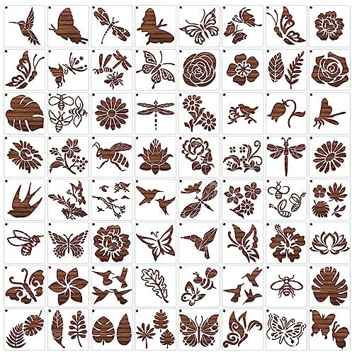 MWOOT 64 Stück Mix Blume Malerei Schablonen Painting Stencils Kit,Wiederverwendbare Flower Schmetterling Zeichnung,DIY Drawing Template für Scrapbooking Leinwand Handwerk Dekoration(7.62x7.62cm)