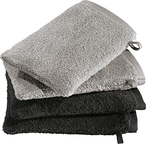 Erwin Müller Waschhandschuhe Bühl 4er-Pack grau/anthrazit Größe 15x21 cm - besonders flauschig, voluminös, äußerst saugfähig